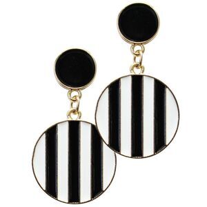 Black White & Gold Stripe Circle Drop Earrings